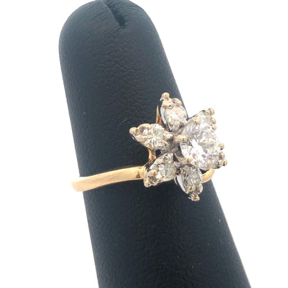 Vintage 14K Yellow Gold Diamond Flower Cluster Engagement Cocktail Ring