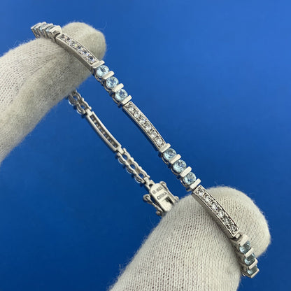 Designer 925 Sterling Silver Blue Topaz Cubic Zirconia Accented Tennis Bracelet