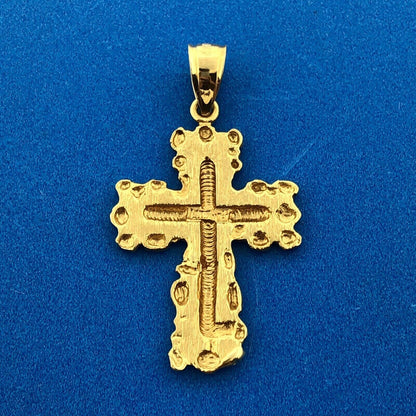 Retro 14K Yellow Gold Nugget Diamond Cut Cross Religious Communion Pendant
