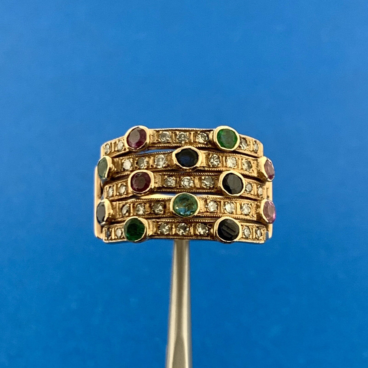 Retro 14K Yellow Gold Diamond Sapphire Ruby Emerald Anniversary Wide Harem Ring