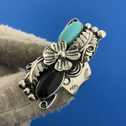 Sterling Silver 925 CII Mexico Cabochon Onyx Turquoise Finger Ring Size 9.75