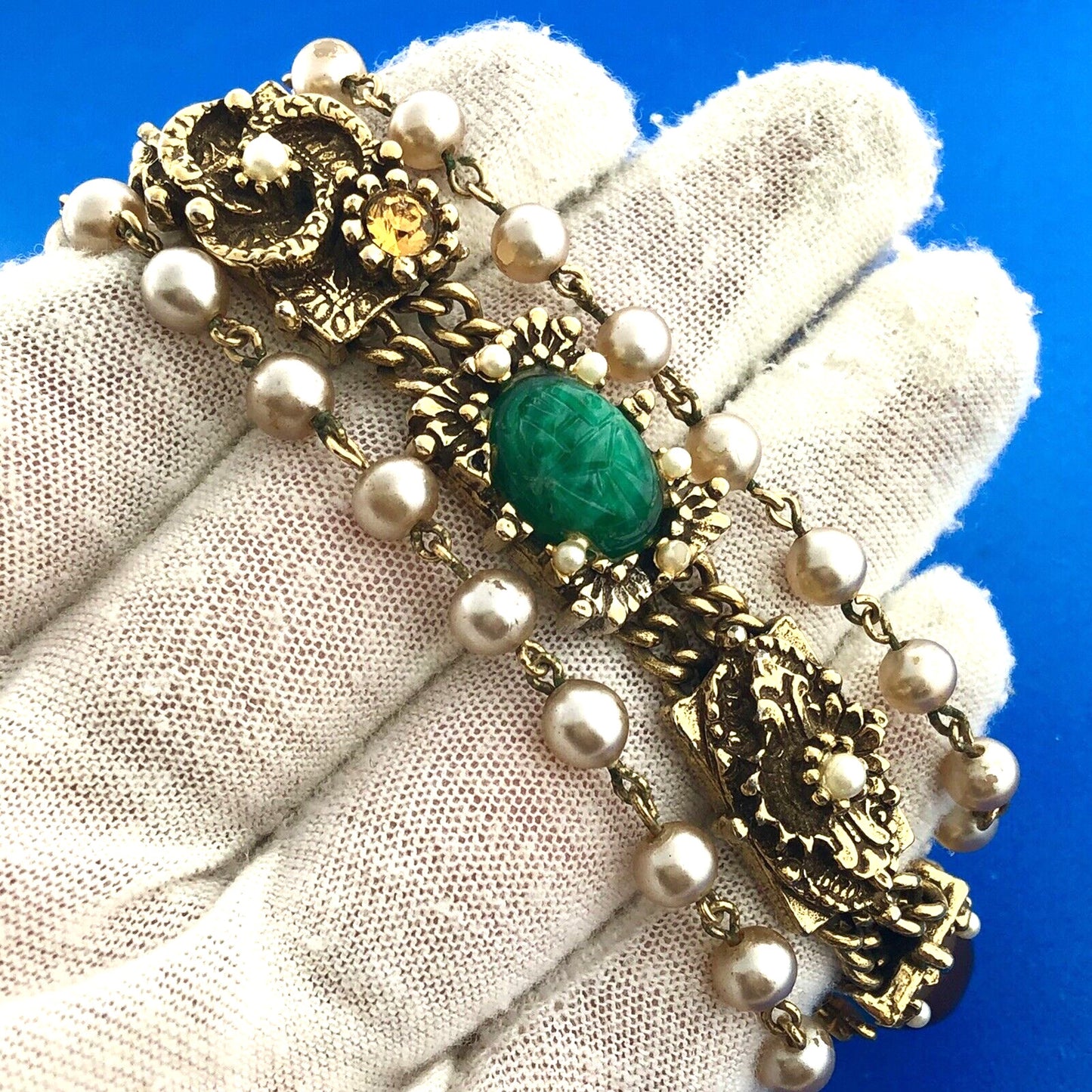 Vintage Gold Tone Faux Gem Pearl Cabochon Rhinestone Statement Panel Bracelet