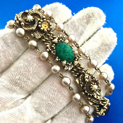Vintage Gold Tone Faux Gem Pearl Cabochon Rhinestone Statement Panel Bracelet