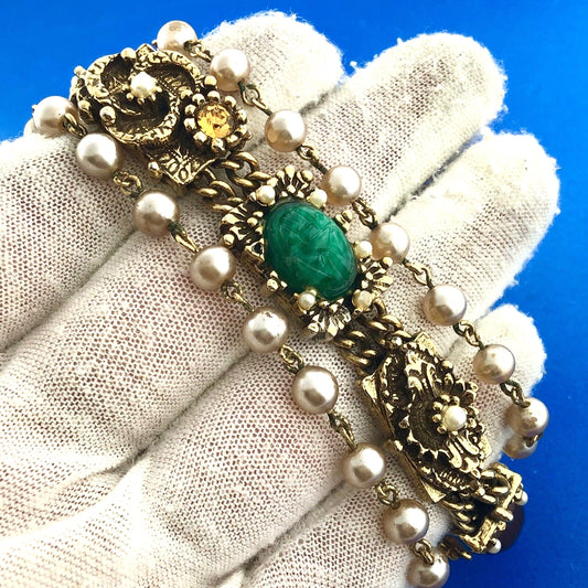 Vintage Gold Tone Faux Gem Pearl Cabochon Rhinestone Statement Panel Bracelet