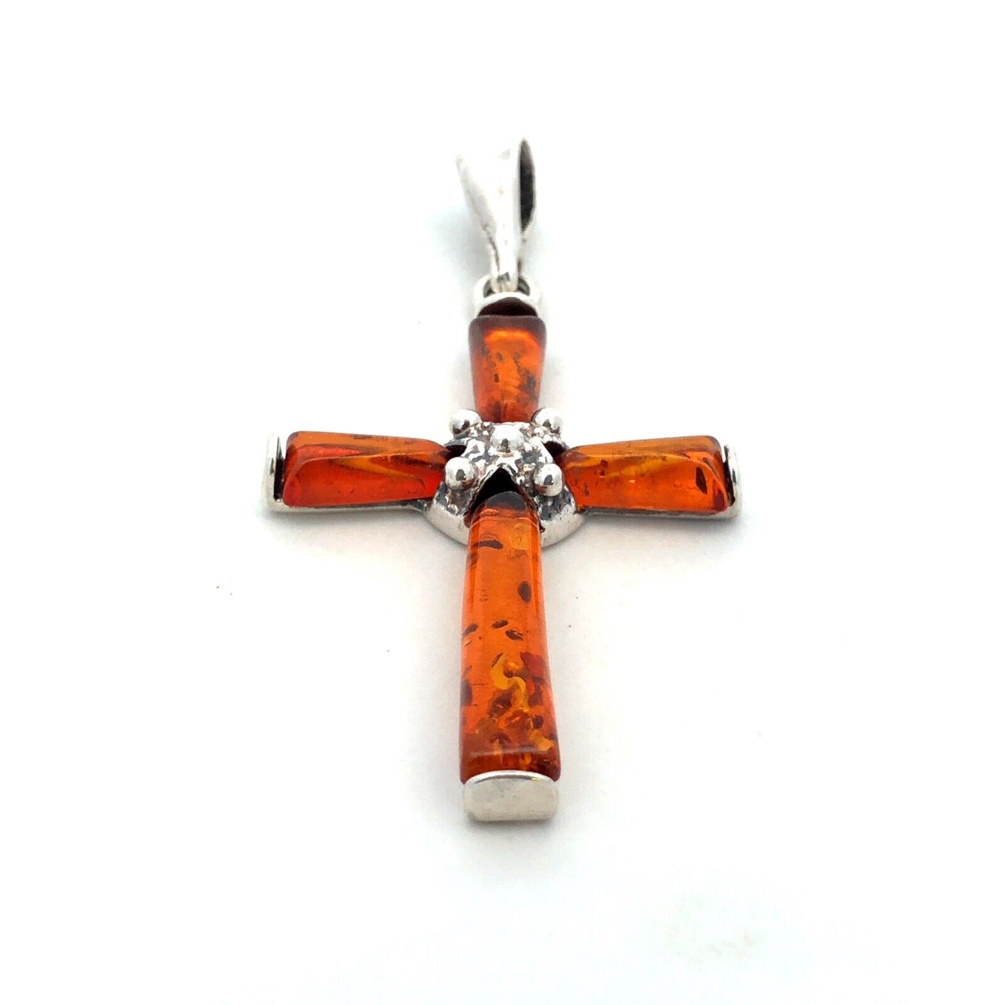 Vintage 925 Sterling Silver Orange Amber Cross Pendant