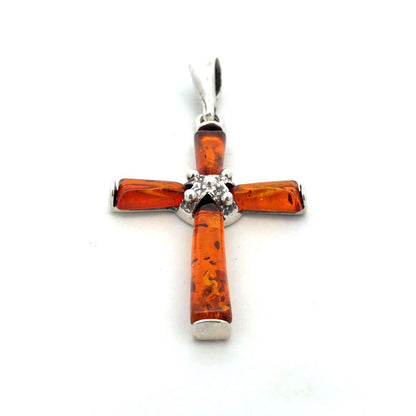 Vintage 925 Sterling Silver Orange Amber Cross Pendant