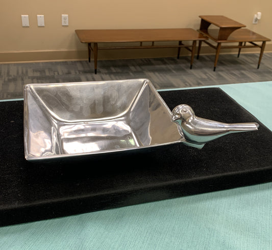 Aluminum High Polished Bird Perched On Lip Birdbath Square Serving Bowl Dish