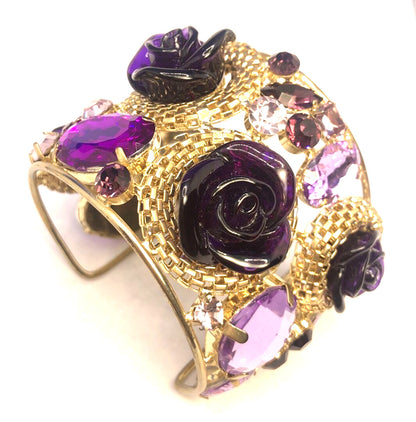 Designer Gold Tone Purple Cubic Zirconia Acrylic Statement Open Cuff Bracelet