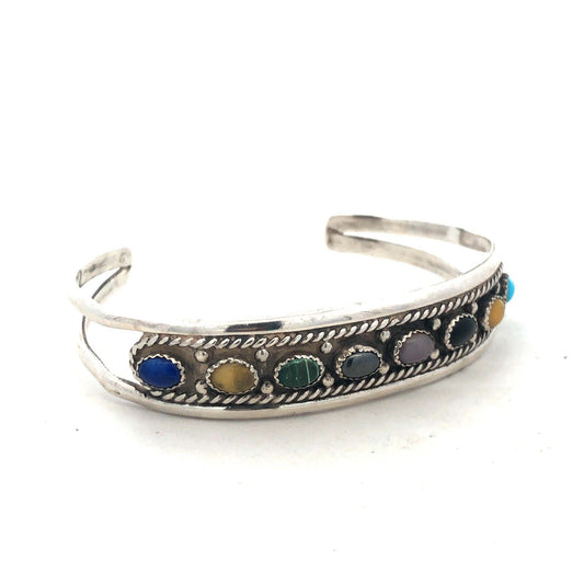 Vintage Signed Old Pawn Native American Oval Mixed Gemstone Open Cuff Bracelet