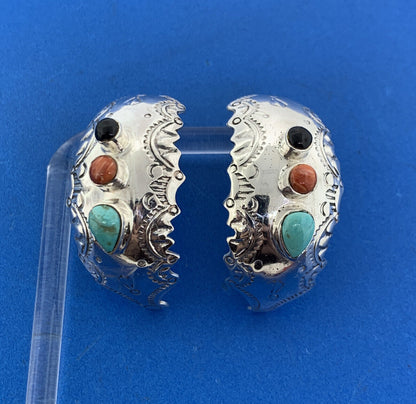 Designer 925 Sterling Silver Turquoise Coral Onyx Cocho Style Half Hoop Earrings