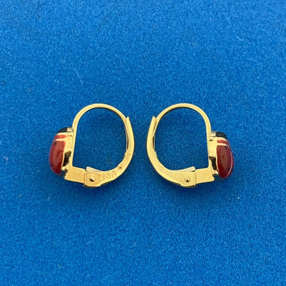 Milor Italy 18K Yellow Gold Red Black Enamel Lady Bug Insect Earrings