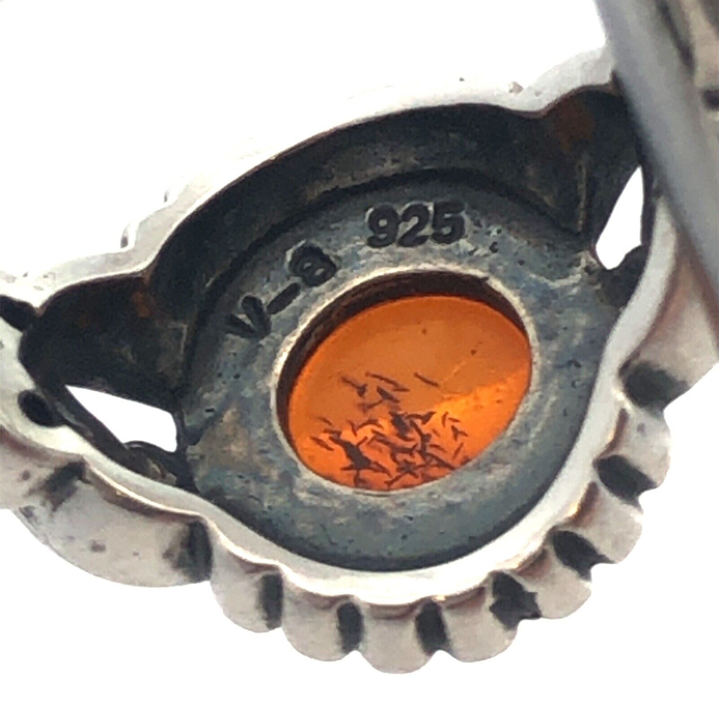 925 Sterling Silver Vintage V-8 Round Cabochon Orange Amber Cocktail Ring
