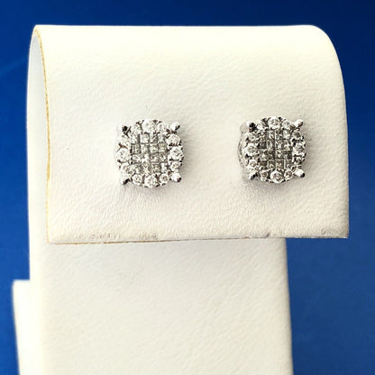 Classic 14K White Gold Princess Round Diamond Circle Cluster Stud Earrings