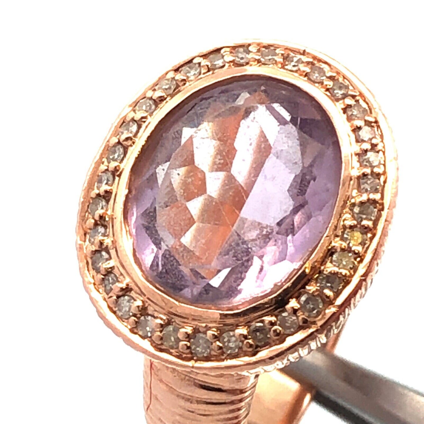 Designer 14K Rose Gold Oval Amethyst Diamond Halo Statement Size 7 Cocktail Ring