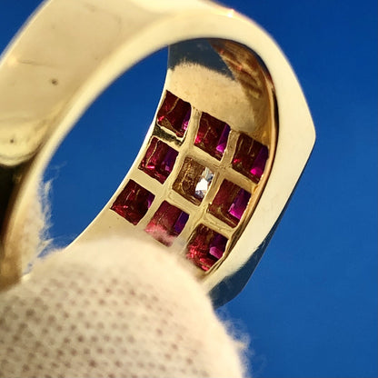 Retro 18K Yellow Gold Diamond Ruby Halo Channel Set Square Dome Unisex Ring