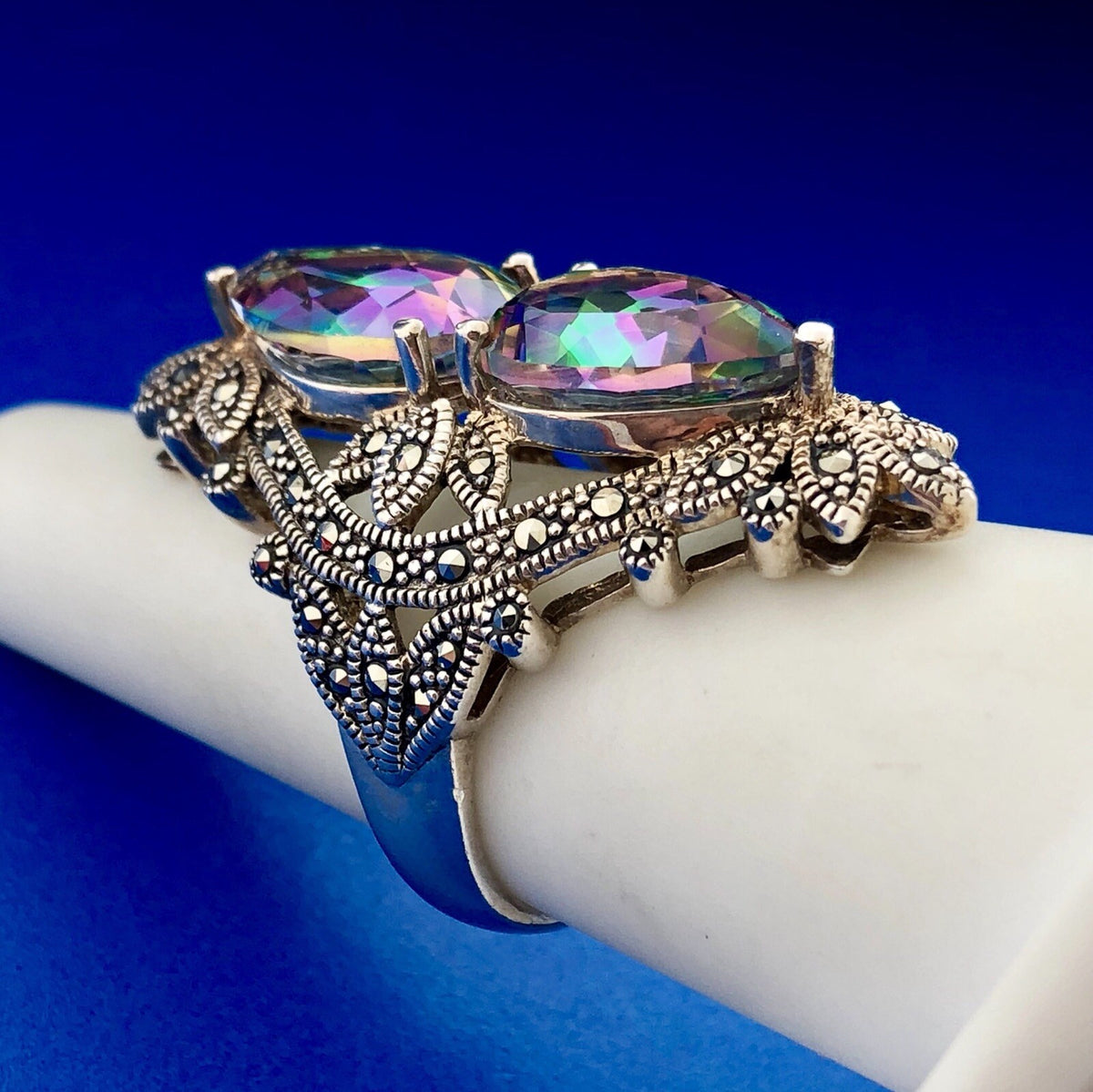 Designer BBJ Sterling Silver 925 Mystic Topaz Marcasite Statement Finger Ring