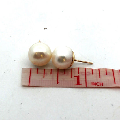14K Yellow Gold Designer Large Round White Pearl June Anniv Ball Stud Earrings