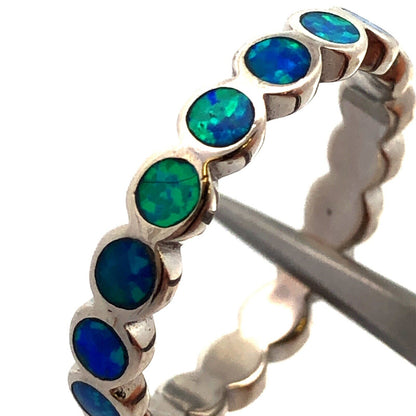 925 Sterling Silver Round Blue Opal Inlay Bubble Stackable Band Ring