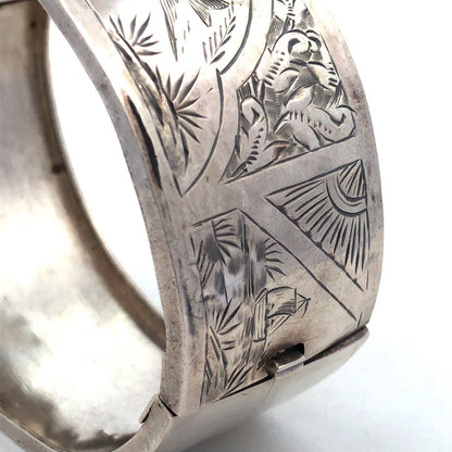 Vintage 925 Sterling Silver Wide Bird Nature Detail Hinged Cuff Bracelet