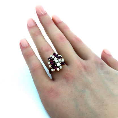 14K Yellow Gold Marquise Ruby Diamond Cluster Waterfall Ring