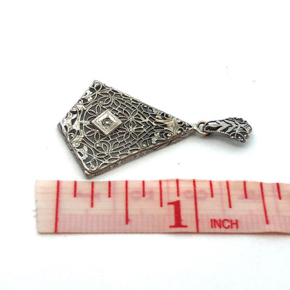 Vintage 14K White Gold Round Diamond Filigree Triangle Statement Pendant