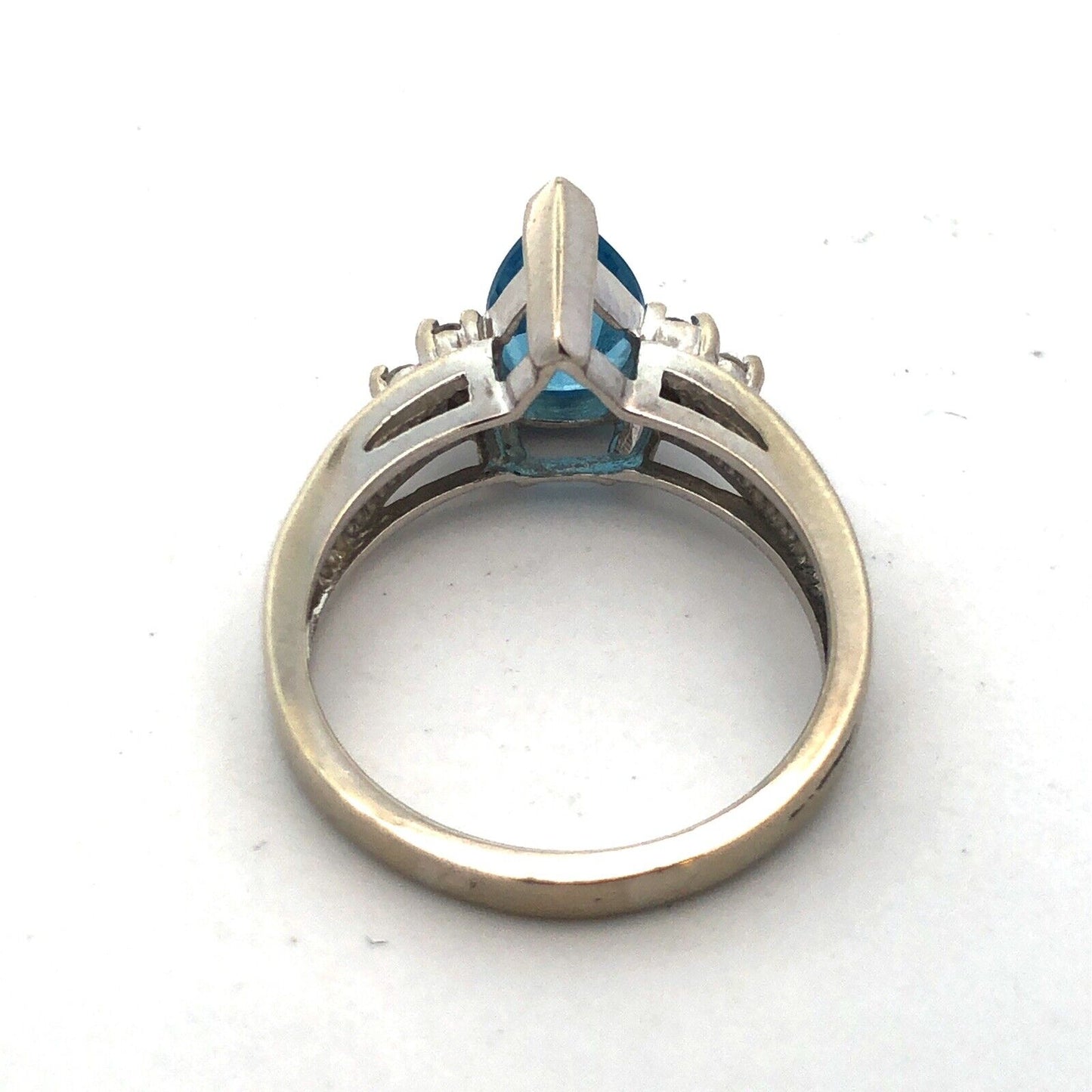 Designer 14K White Gold Pear Blue Topaz Round Diamond Engagement Size 7 Ring