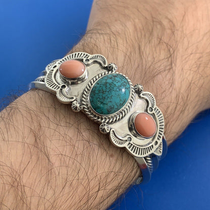 Designer REVE 925 Sterling Silver Turquoise Coral Statement Open Cuff Bracelet