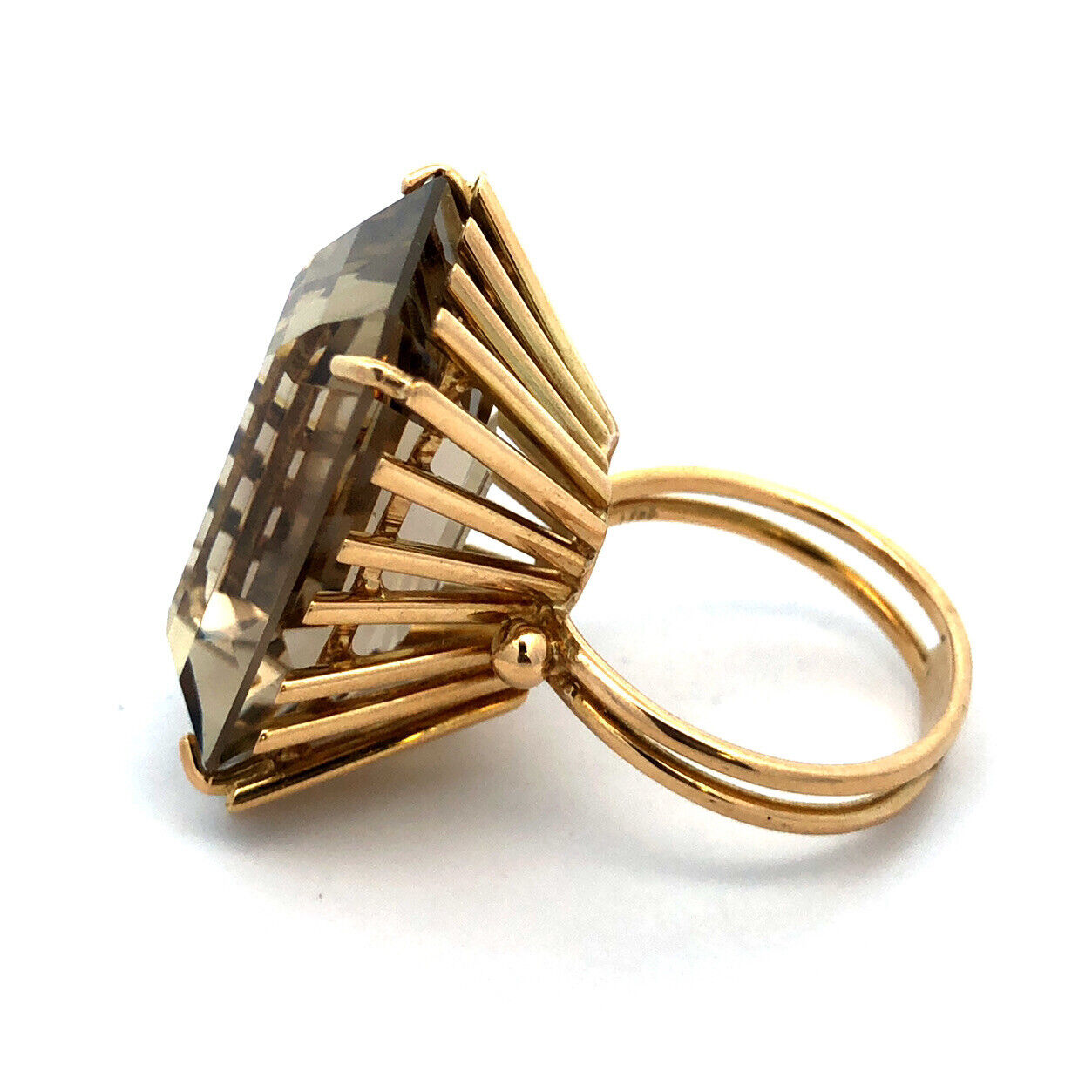 Retro 18K Yellow Gold Emerald Cut Smoky Topaz Statement Cocktail Finger Ring