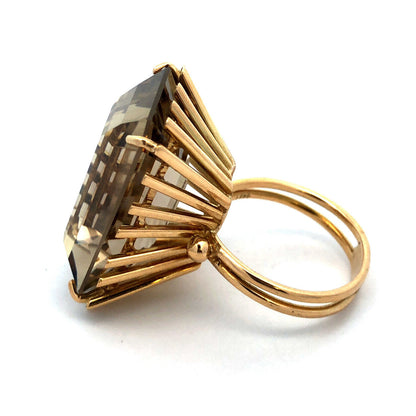 Retro 18K Yellow Gold Emerald Cut Smoky Topaz Statement Cocktail Finger Ring