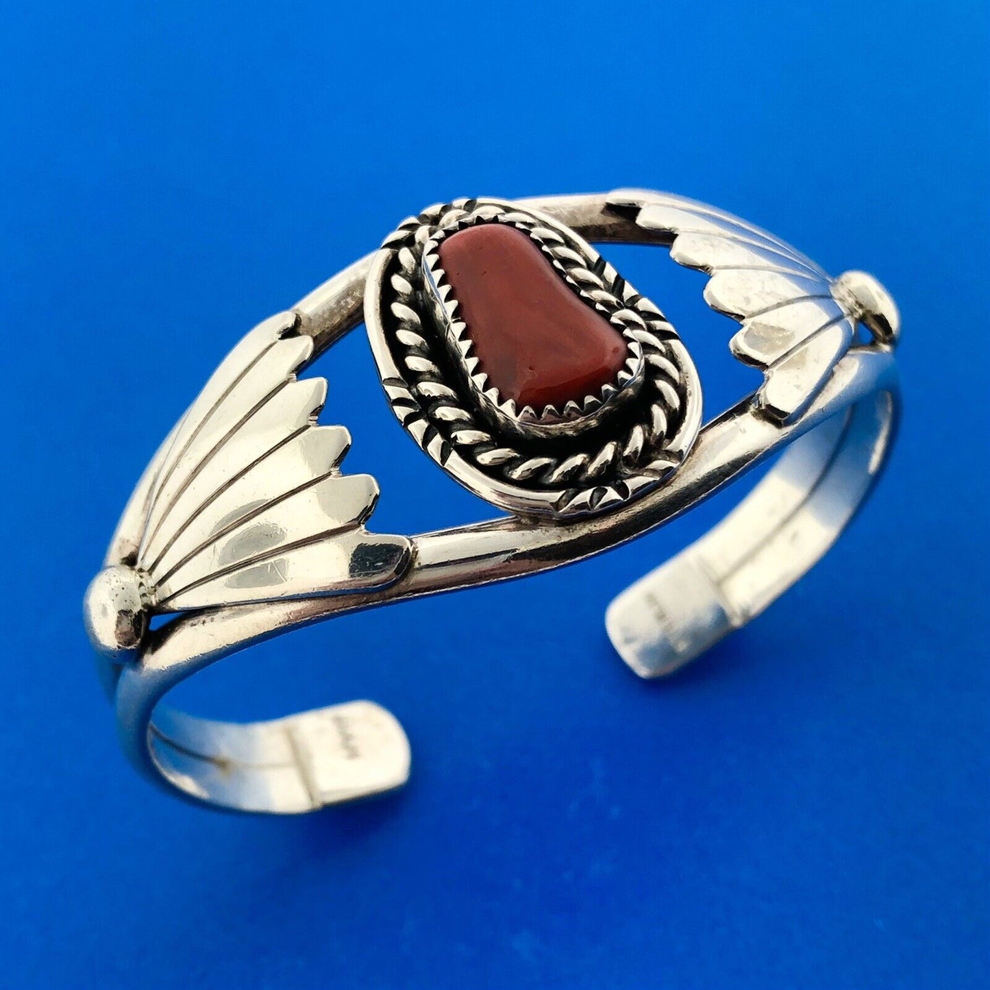 Designer BAH Sterling Silver 925 Cabochon Coral Native American 6" Cuff Bracelet