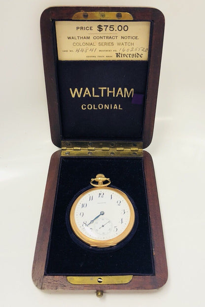 1907 Waltham 14K Gold Riverside Colonial Series Pocket Watch Original Box/COA
