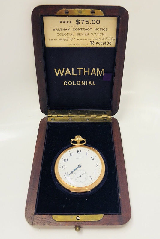 1907 Waltham 14K Gold Riverside Colonial Series Pocket Watch Original Box/COA