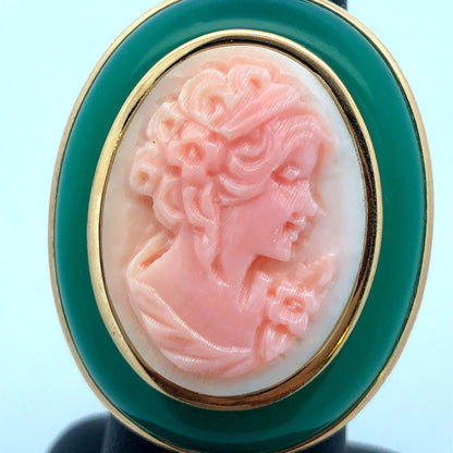 Designer Italy 14K Yellow Gold Oval Green Jade Pink Cameo Statement Ring