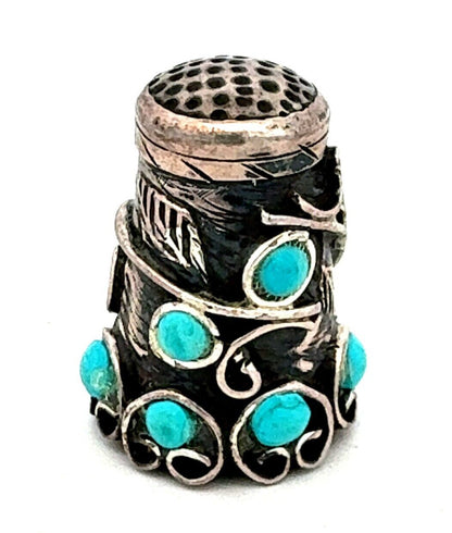Vintage Taxco Mexico 925 Sterling Silver Turquoise Vines Scroll Thimble
