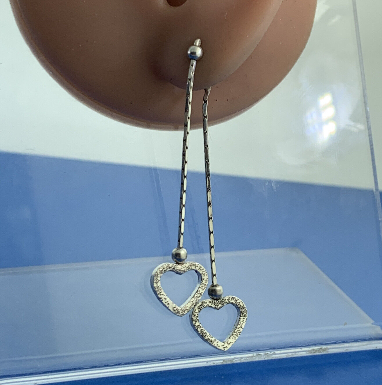 Vintage Italy 925 Sterling Silver Double Heart Drop Dangle Chain Stud Earrings