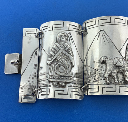 Vintage Peru 900 Silver Aborigine Storyteller Statement Panel Cuff Bracelet