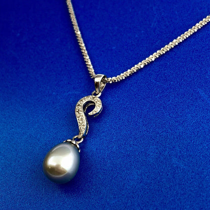 Retro 14K White Gold Gray Pearl Diamond Wedding Anniversary Sweetheart Necklace