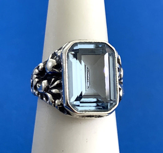 Estate Sterling Silver Emerald Cut Blue Topaz Scroll Floral Vine Cocktail Ring