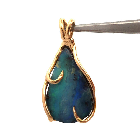 Estate 14K Yellow Gold Teardrop Blue Opal Wire Wrapped Modernist Pendant