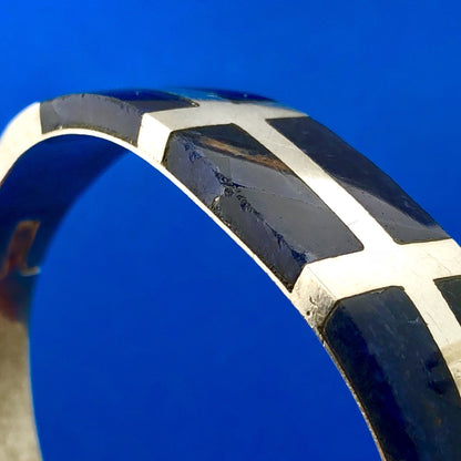 Retro Taxco Artisan 925 Sterling Silver Lapis Lazuli Inlay Hinged Cuff Bracelet
