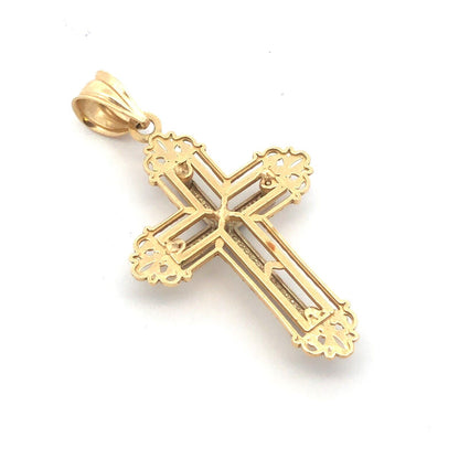 Designer CJ 14K Yellow White Gold Two Tone Filigree Textured Cross Pendant