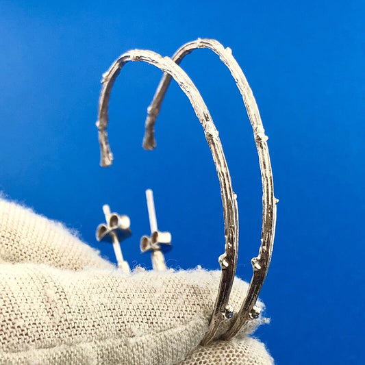 Sterling Silver 925 Bamboo Twig Nodule Textured Statement Hoop Earrings