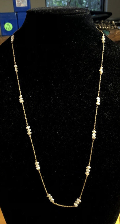 Estate 14K Yellow Gold Keshi Pearl Beaded Chain Station Necklace