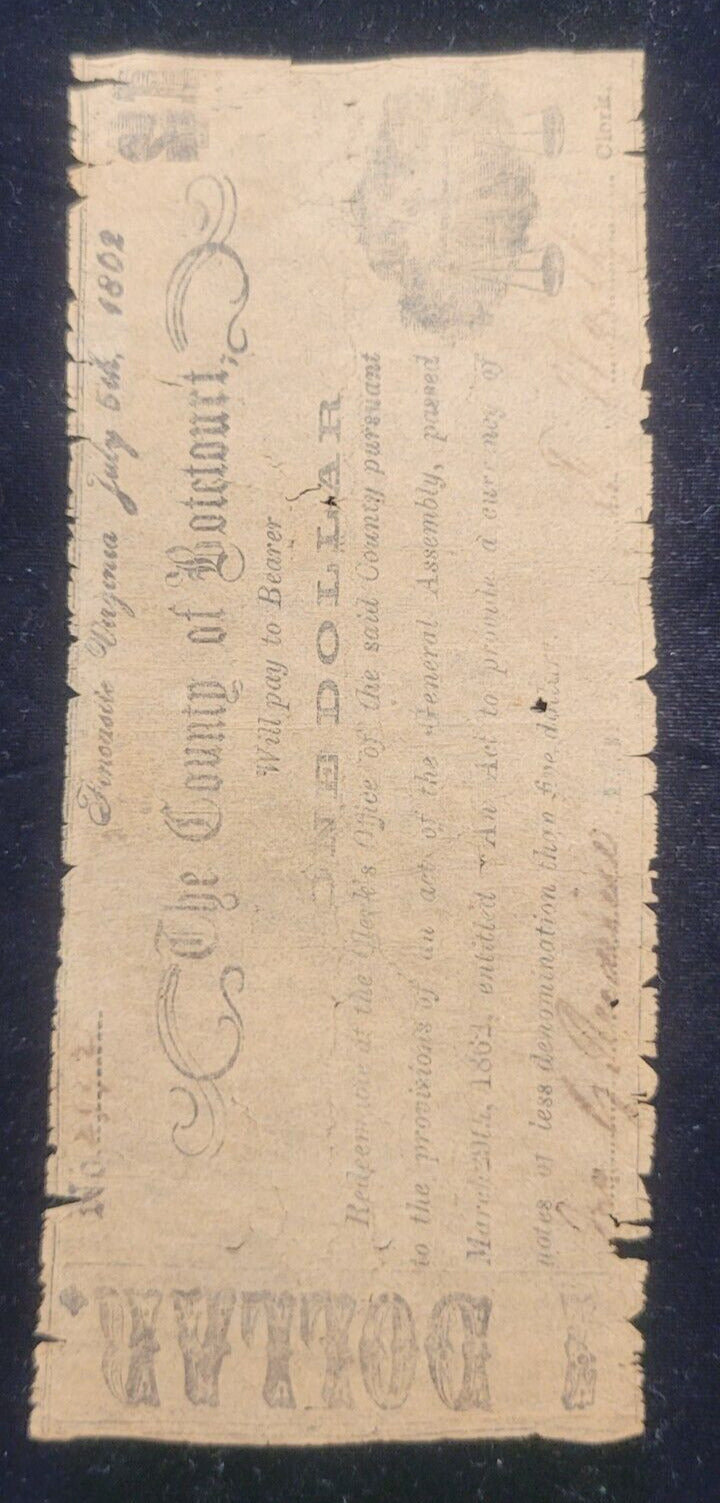 1862 $1 County of Botetourt, Fincastle, Virginia Obsolete Currency Bank Note