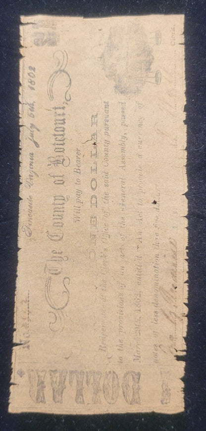1862 $1 County of Botetourt, Fincastle, Virginia Obsolete Currency Bank Note