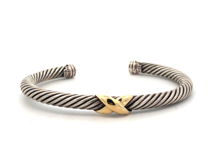 David Yurman 925 Sterling Silver 14K Gold Station Single X Cable Cuff Bracelet