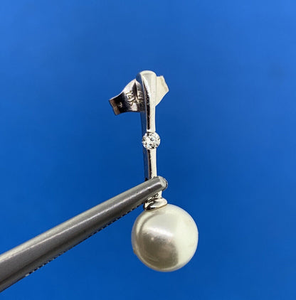 Modernist 14K White Gold Pearl Cubic Zirconia Dangle Drop Stud Earrings