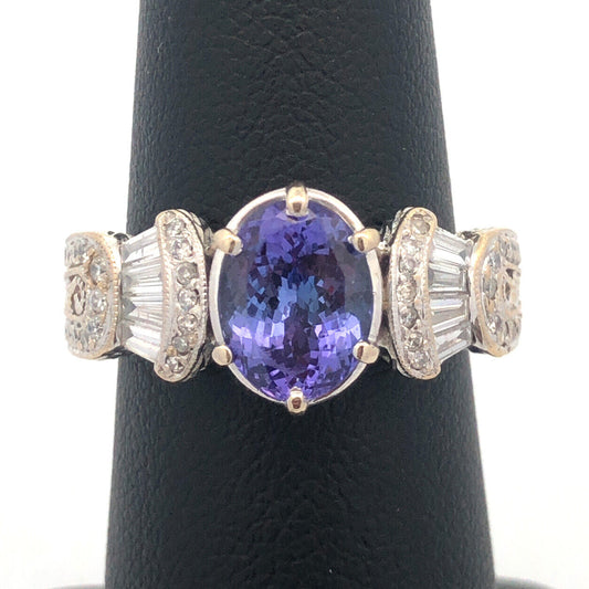 Designer 18K White Gold Oval Tanzanite Solitaire Diamond Accent Cocktail Ring