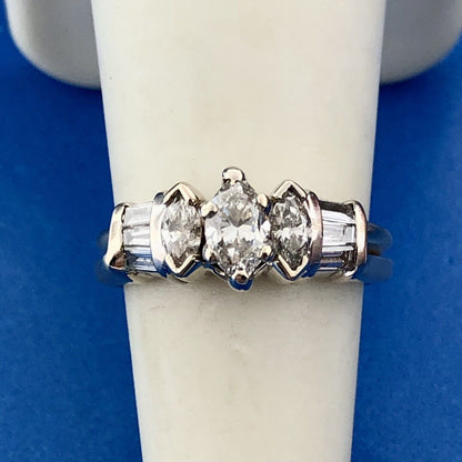 Vintage 14K Yellow White Gold Marquis Diamond Trio Accents Engagement Ring