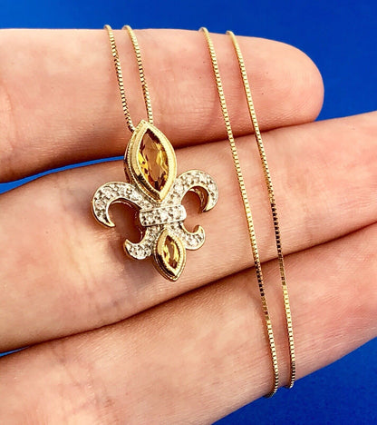 Vintage 14K Yellow White Citrine Diamond Fleur De Lis November Pendant Necklace